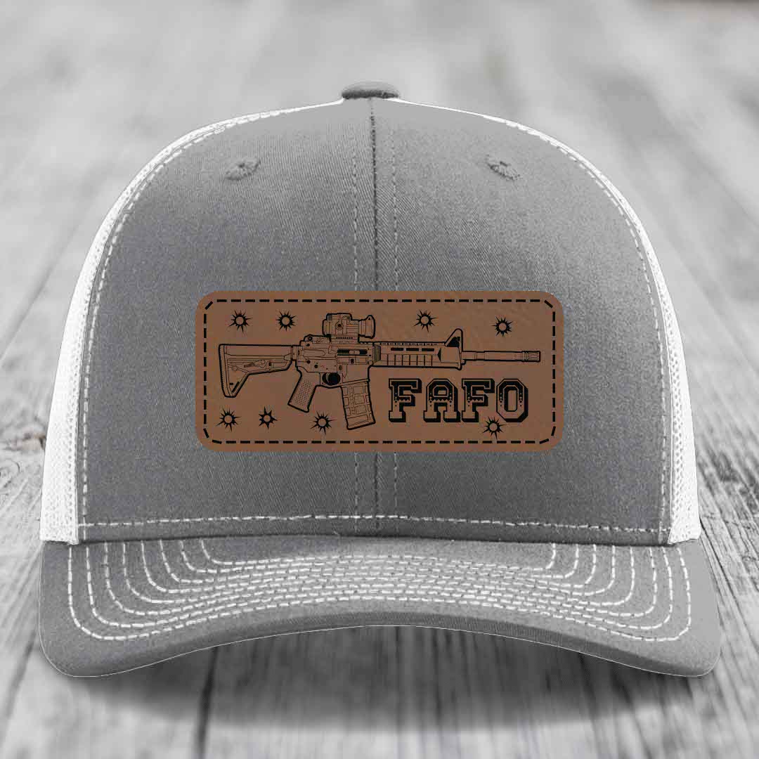 Ar15 Fafo - Leather Patch Hat - Dark Brown to Black Patch - Richardson 112 Snapback Trucker Hat