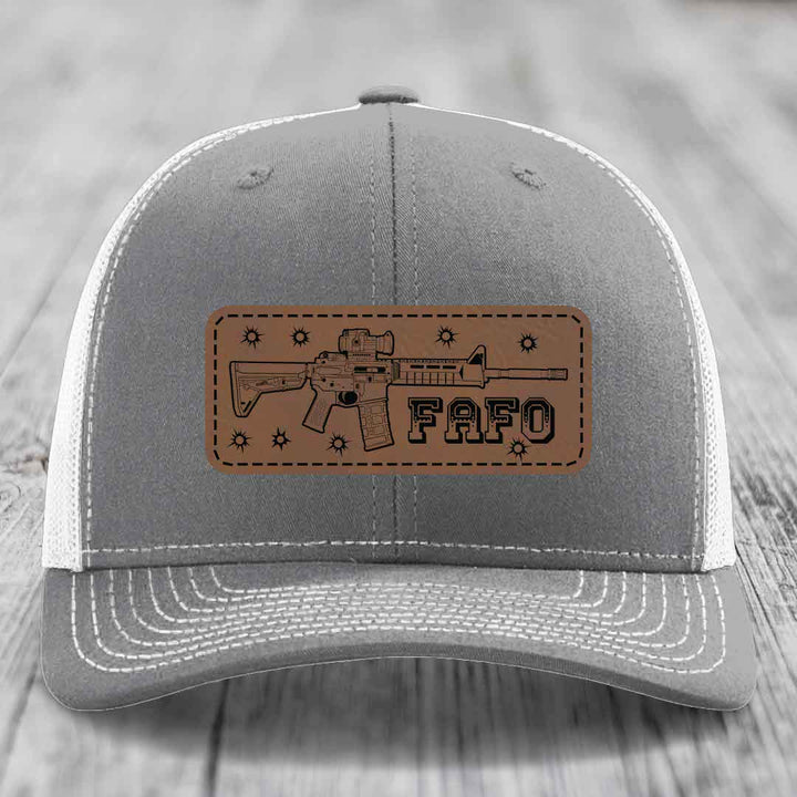 Ar15 Fafo - Leather Patch Hat - Dark Brown to Black Patch - Richardson 112 Snapback Trucker Hat
