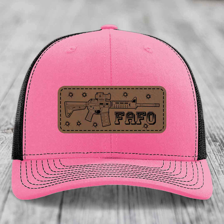 Ar15 Fafo - Leather Patch Hat - Dark Brown to Black Patch - Richardson 112 Snapback Trucker Hat