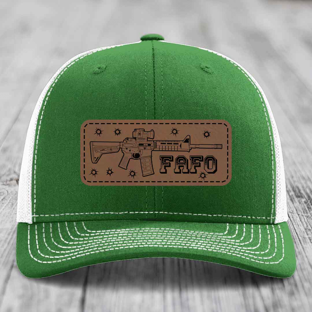 Ar15 Fafo - Leather Patch Hat - Dark Brown to Black Patch - Richardson 112 Snapback Trucker Hat