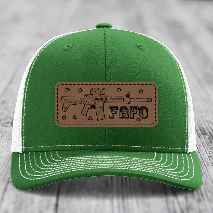 Ar15 Fafo - Leather Patch Hat - Dark Brown to Black Patch - Richardson 112 Snapback Trucker Hat