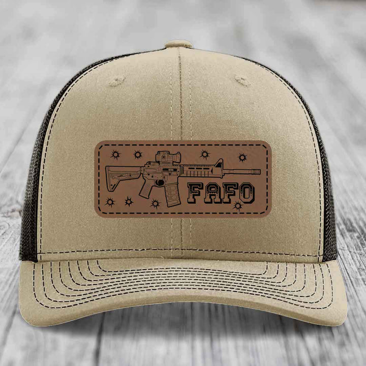 Ar15 Fafo - Leather Patch Hat - Dark Brown to Black Patch - Richardson 112 Snapback Trucker Hat