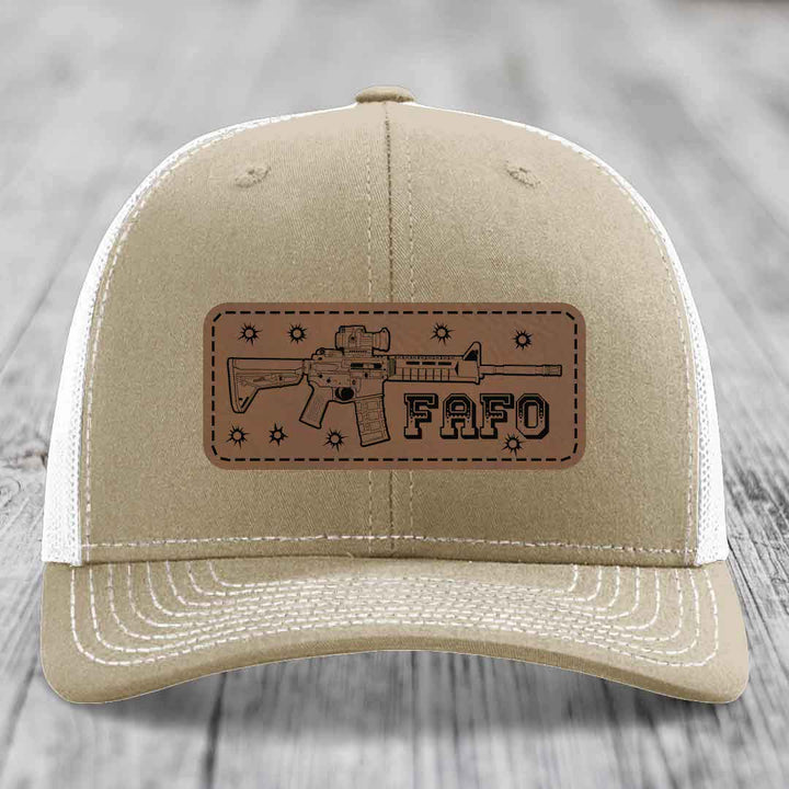 Ar15 Fafo - Leather Patch Hat - Dark Brown to Black Patch - Richardson 112 Snapback Trucker Hat