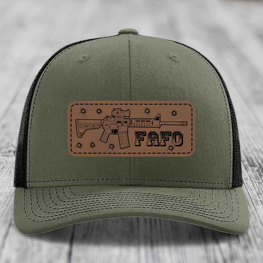 Ar15 Fafo - Leather Patch Hat - Dark Brown to Black Patch - Richardson 112 Snapback Trucker Hat