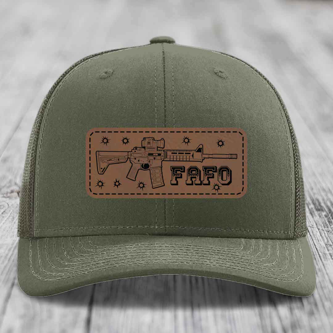 Ar15 Fafo - Leather Patch Hat - Dark Brown to Black Patch - Richardson 112 Snapback Trucker Hat