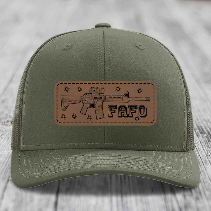 Ar15 Fafo - Leather Patch Hat - Dark Brown to Black Patch - Richardson 112 Snapback Trucker Hat