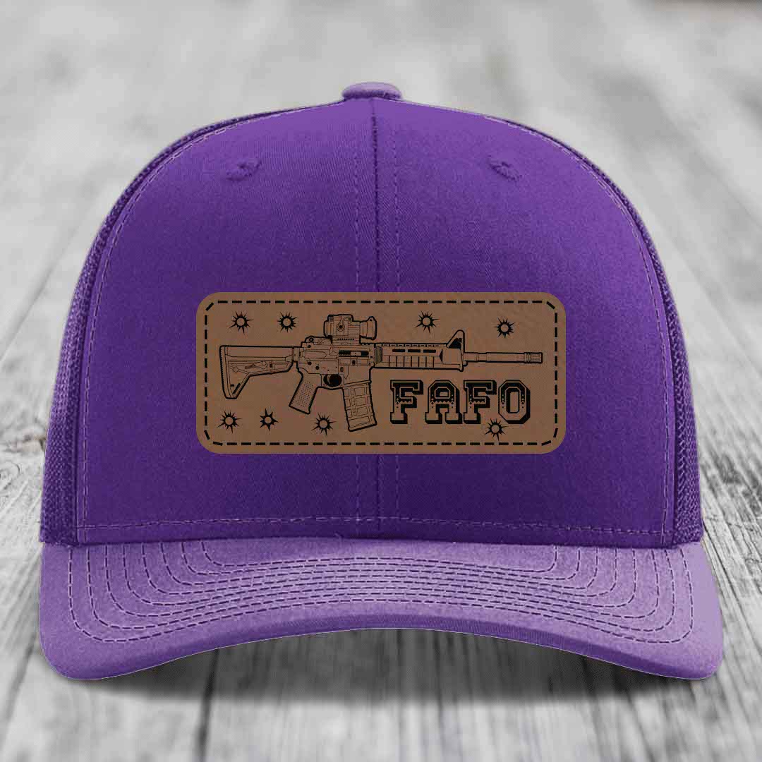 Ar15 Fafo - Leather Patch Hat - Dark Brown to Black Patch - Richardson 112 Snapback Trucker Hat