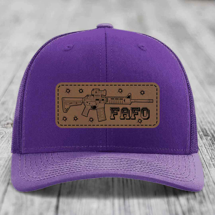Ar15 Fafo - Leather Patch Hat - Dark Brown to Black Patch - Richardson 112 Snapback Trucker Hat