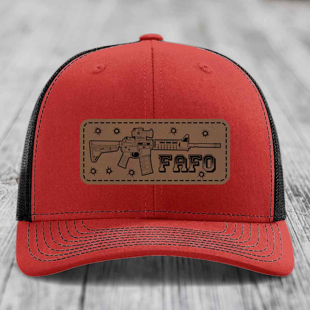 Ar15 Fafo - Leather Patch Hat - Dark Brown to Black Patch - Richardson 112 Snapback Trucker Hat
