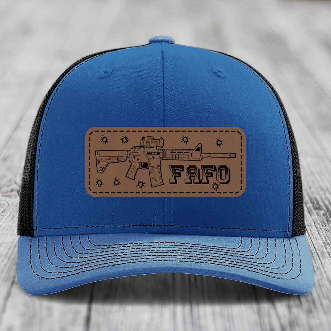 Ar15 Fafo - Leather Patch Hat - Dark Brown to Black Patch - Richardson 112 Snapback Trucker Hat