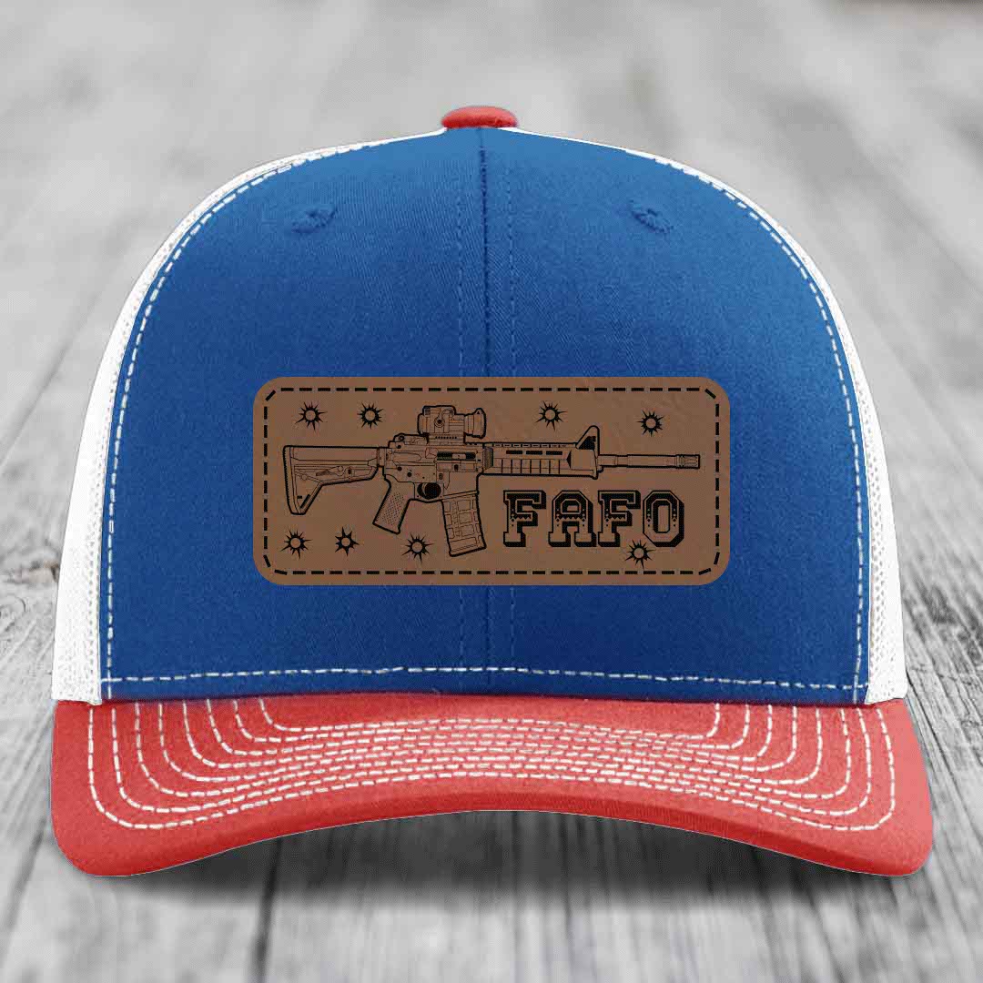 Ar15 Fafo - Leather Patch Hat - Dark Brown to Black Patch - Richardson 112 Snapback Trucker Hat