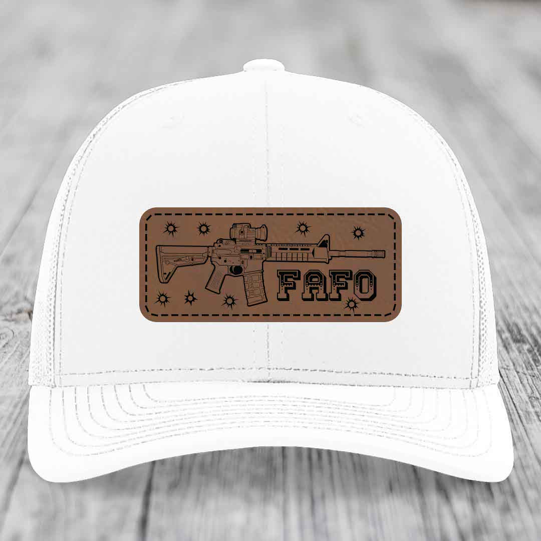 Ar15 Fafo - Leather Patch Hat - Dark Brown to Black Patch - Richardson 112 Snapback Trucker Hat