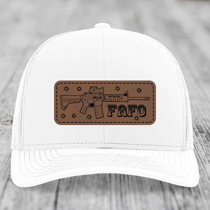 Ar15 Fafo - Leather Patch Hat - Dark Brown to Black Patch - Richardson 112 Snapback Trucker Hat