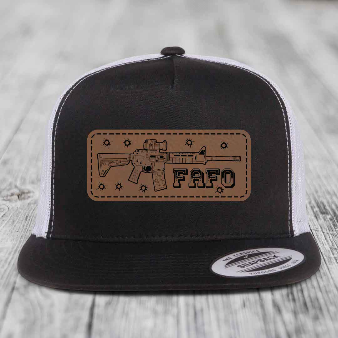 Ar15 Fafo - Leather Patch Hat - Dark Brown to Black Patch - Yupoong 6006 Snapback Flatbill Hat