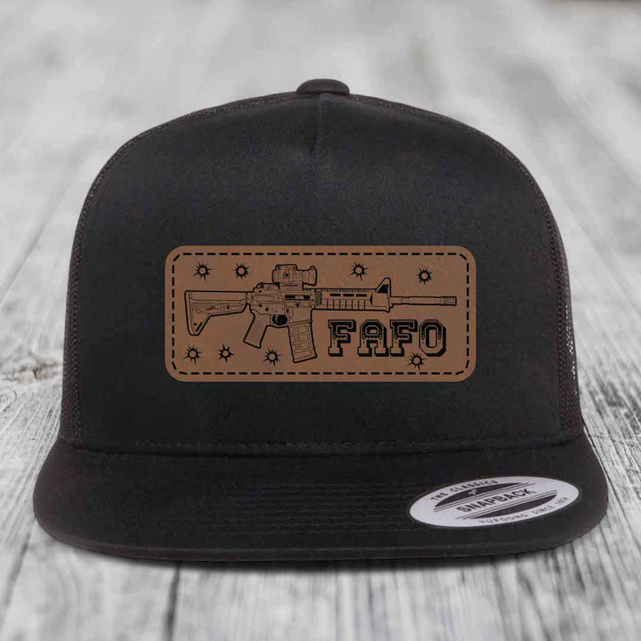 Ar15 Fafo - Leather Patch Hat - Dark Brown to Black Patch - Yupoong 6006 Snapback Flatbill Hat