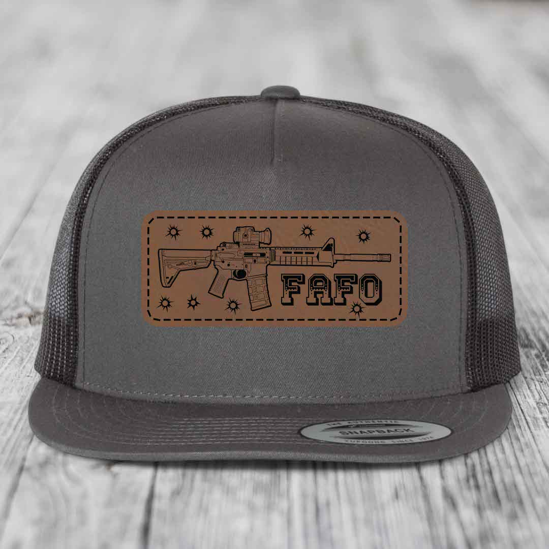 Ar15 Fafo - Leather Patch Hat - Dark Brown to Black Patch - Yupoong 6006 Snapback Flatbill Hat