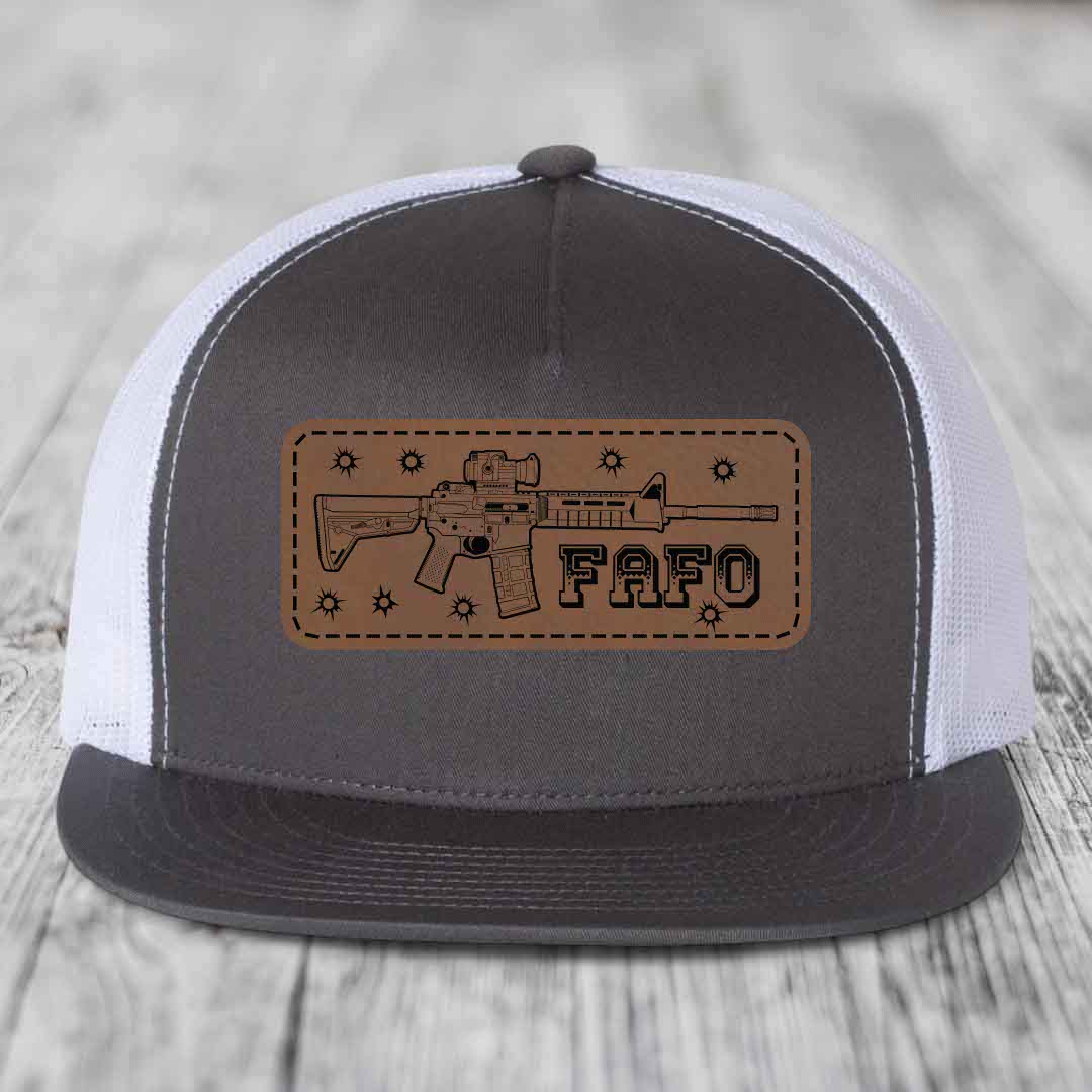 Ar15 Fafo - Leather Patch Hat - Dark Brown to Black Patch - Yupoong 6006 Snapback Flatbill Hat