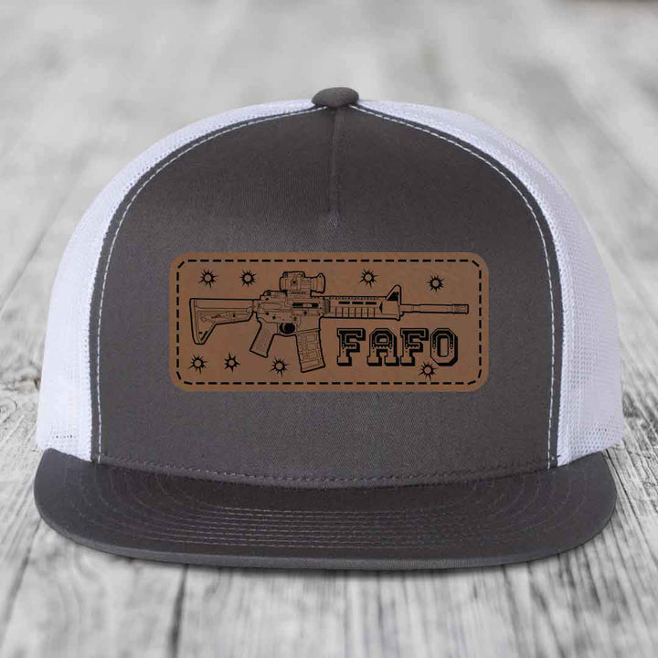 Ar15 Fafo - Leather Patch Hat - Dark Brown to Black Patch - Yupoong 6006 Snapback Flatbill Hat