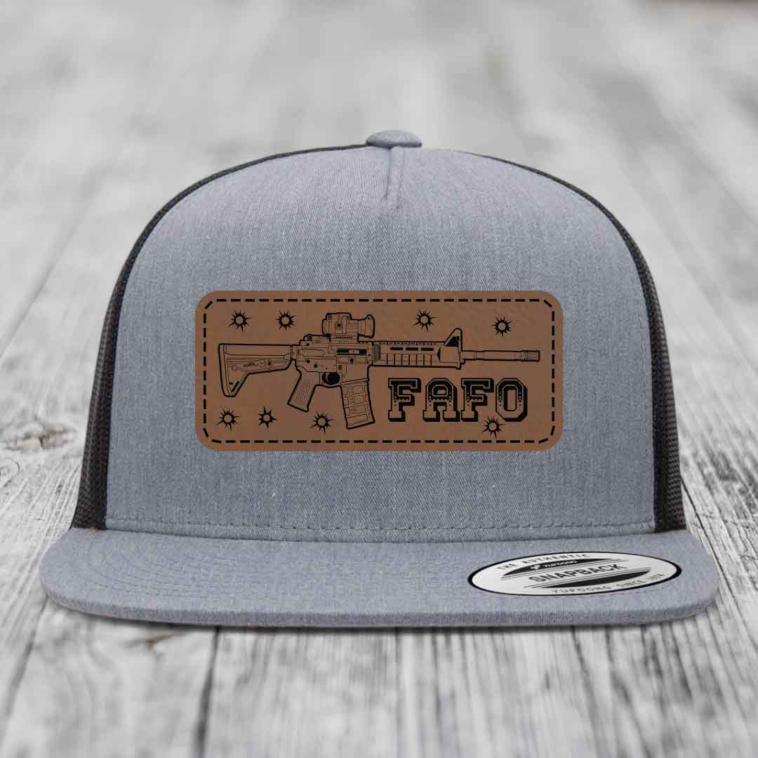 Ar15 Fafo - Leather Patch Hat - Dark Brown to Black Patch - Yupoong 6006 Snapback Flatbill Hat