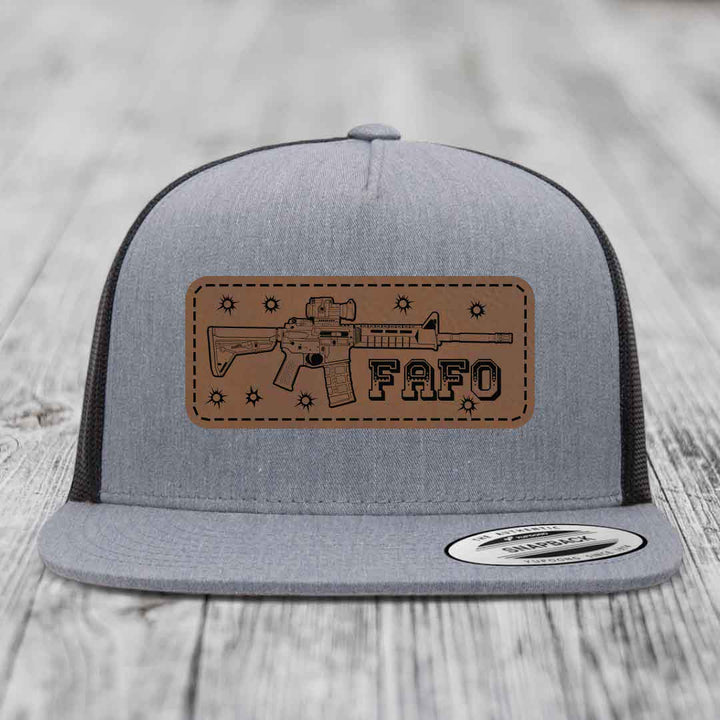 Ar15 Fafo - Leather Patch Hat - Dark Brown to Black Patch - Yupoong 6006 Snapback Flatbill Hat