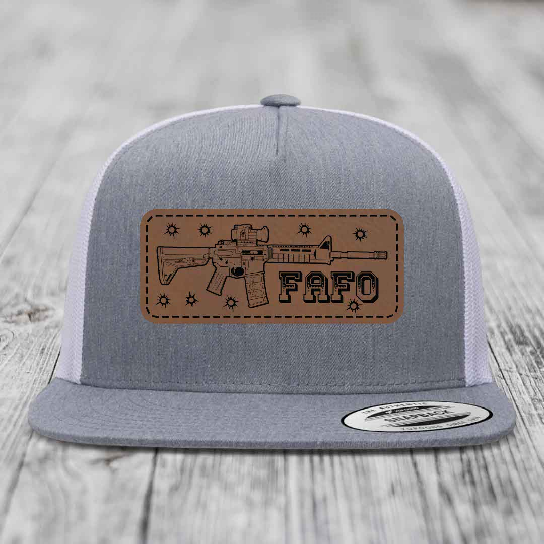 Ar15 Fafo - Leather Patch Hat - Dark Brown to Black Patch - Yupoong 6006 Snapback Flatbill Hat