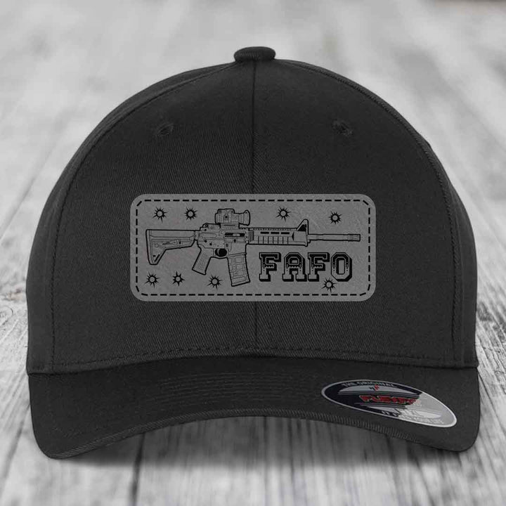Ar15 Fafo - Leather Patch Hat - Grey to Black Patch - Flexfit 6277 Fitted Hat
