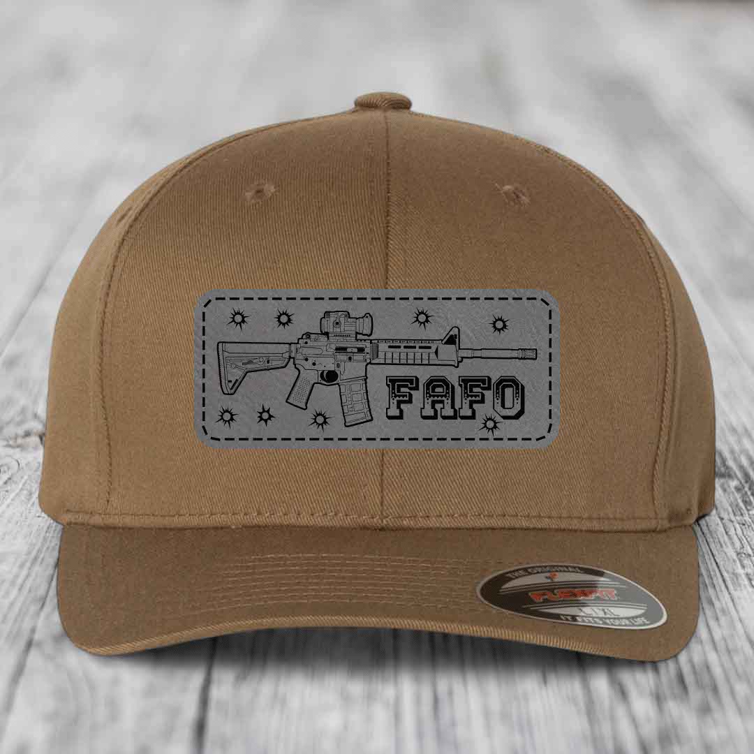 Ar15 Fafo - Leather Patch Hat - Grey to Black Patch - Flexfit 6277 Fitted Hat