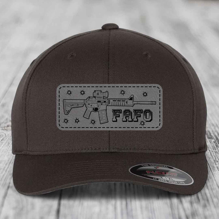 Ar15 Fafo - Leather Patch Hat - Grey to Black Patch - Flexfit 6277 Fitted Hat