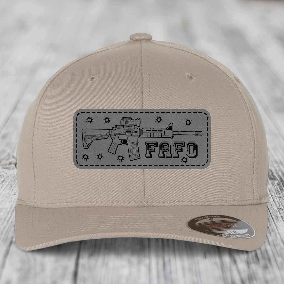 Ar15 Fafo - Leather Patch Hat - Grey to Black Patch - Flexfit 6277 Fitted Hat