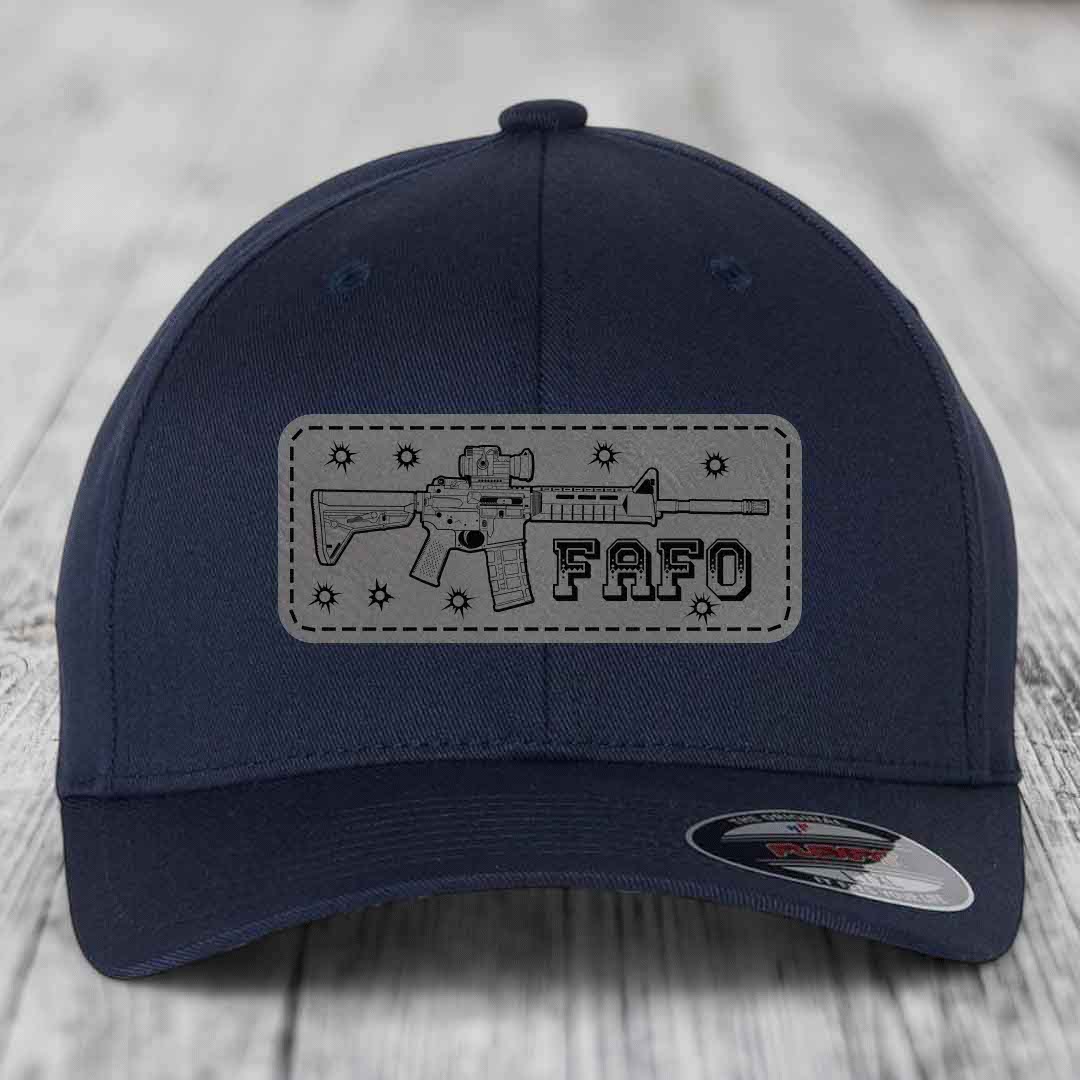 Ar15 Fafo - Leather Patch Hat - Grey to Black Patch - Flexfit 6277 Fitted Hat