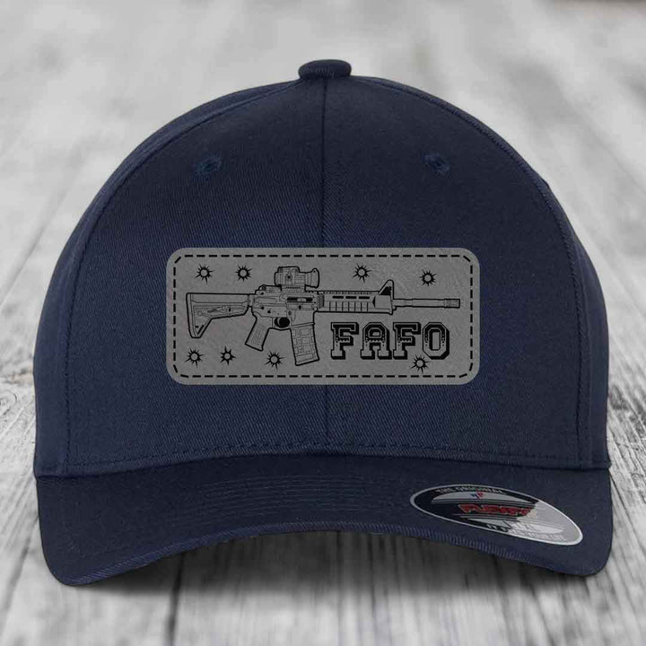 Ar15 Fafo - Leather Patch Hat - Grey to Black Patch - Flexfit 6277 Fitted Hat