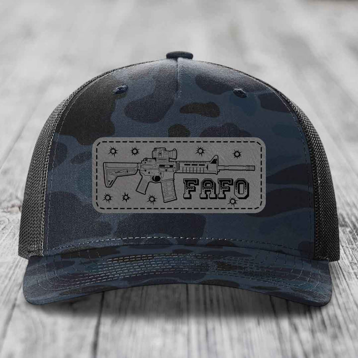Ar15 Fafo - Leather Patch Hat - Grey to Black Patch - Richardson 112PFP Snapback Trucker Hat