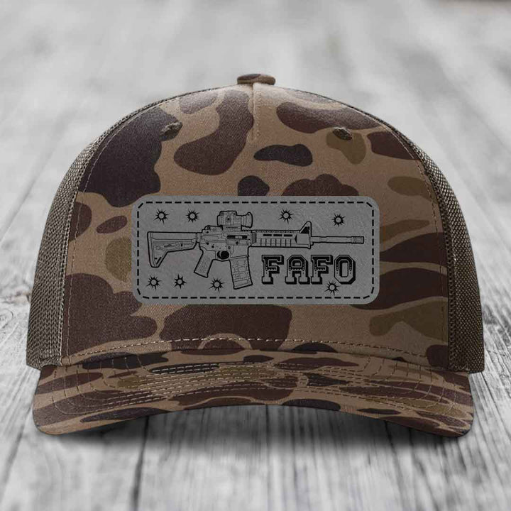 Ar15 Fafo - Leather Patch Hat - Grey to Black Patch - Richardson 112PFP Snapback Trucker Hat