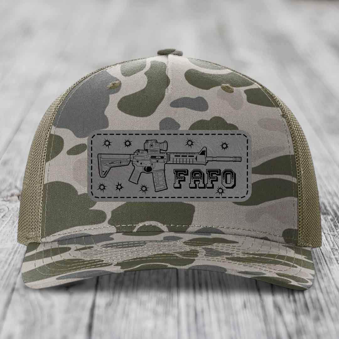 Ar15 Fafo - Leather Patch Hat - Grey to Black Patch - Richardson 112PFP Snapback Trucker Hat
