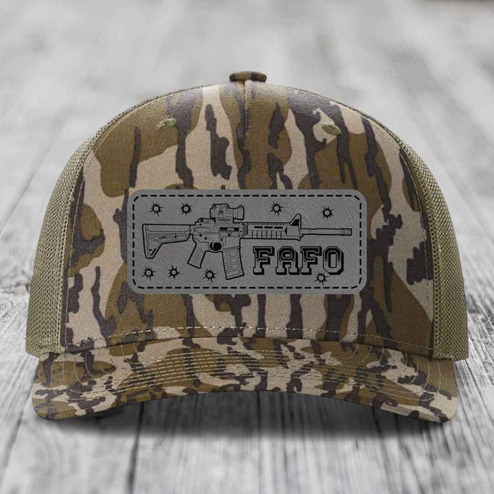 Ar15 Fafo - Leather Patch Hat - Grey to Black Patch - Richardson 112PFP Snapback Trucker Hat