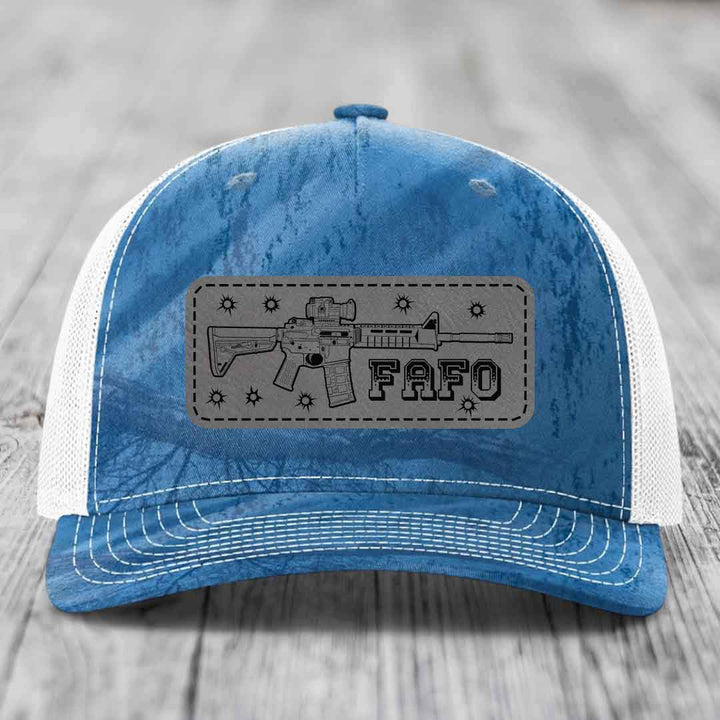 Ar15 Fafo - Leather Patch Hat - Grey to Black Patch - Richardson 112PFP Snapback Trucker Hat