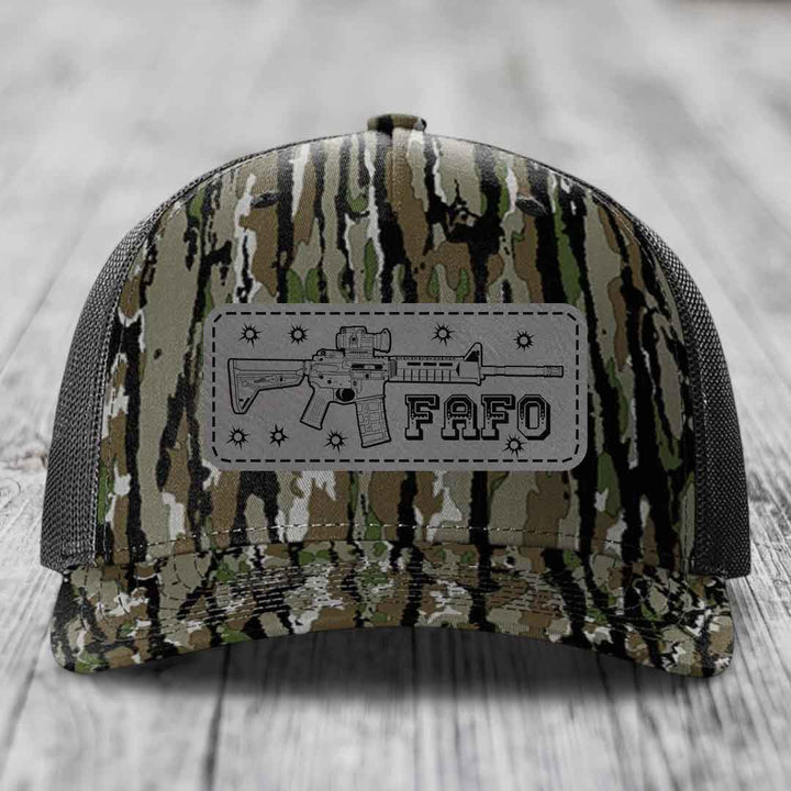Ar15 Fafo - Leather Patch Hat - Grey to Black Patch - Richardson 112PFP Snapback Trucker Hat