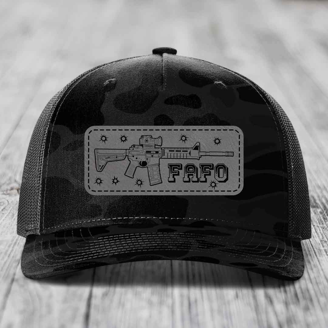 Ar15 Fafo - Leather Patch Hat - Grey to Black Patch - Richardson 112PFP Snapback Trucker Hat