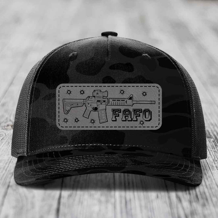 Ar15 Fafo - Leather Patch Hat - Grey to Black Patch - Richardson 112PFP Snapback Trucker Hat