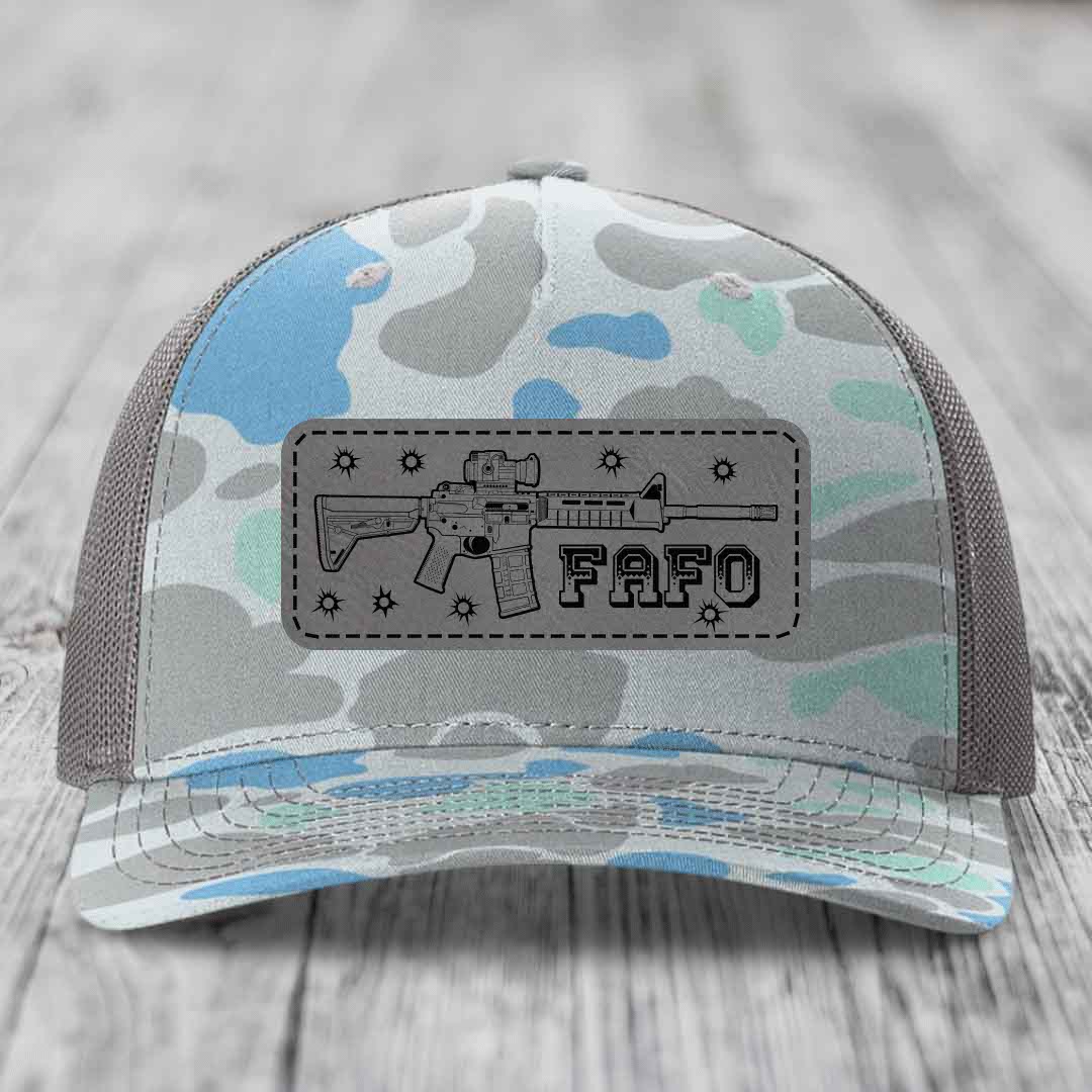Ar15 Fafo - Leather Patch Hat - Grey to Black Patch - Richardson 112PFP Snapback Trucker Hat