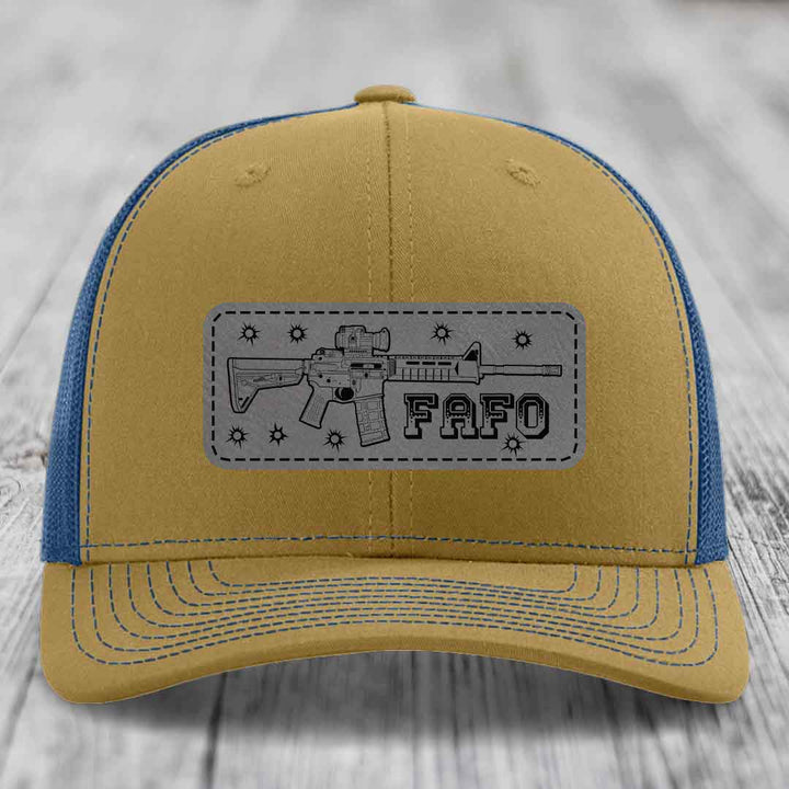 Ar15 Fafo - Leather Patch Hat - Grey to Black Patch - Richardson 112 Snapback Trucker Hat