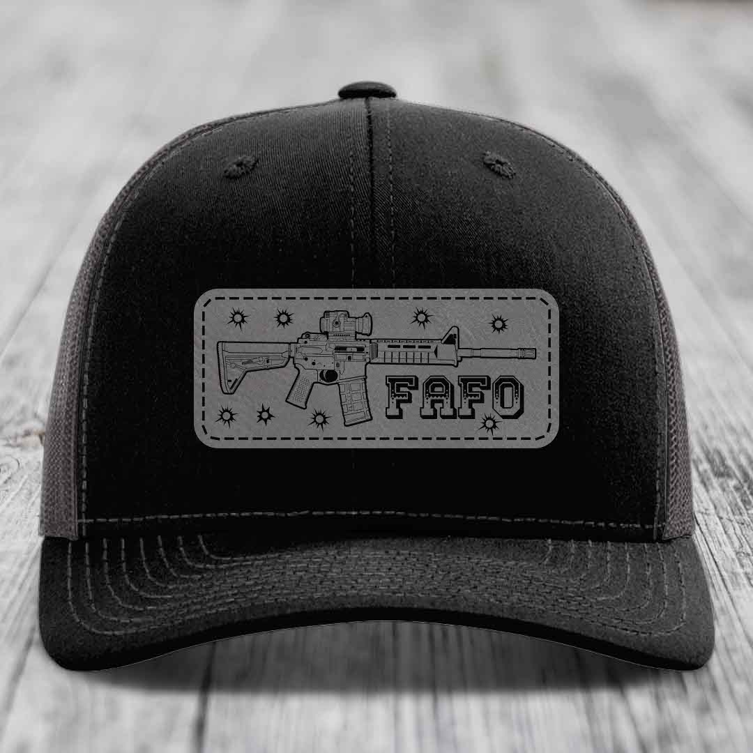 Ar15 Fafo - Leather Patch Hat - Grey to Black Patch - Richardson 112 Snapback Trucker Hat
