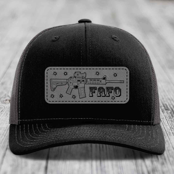 Ar15 Fafo - Leather Patch Hat - Grey to Black Patch - Richardson 112 Snapback Trucker Hat