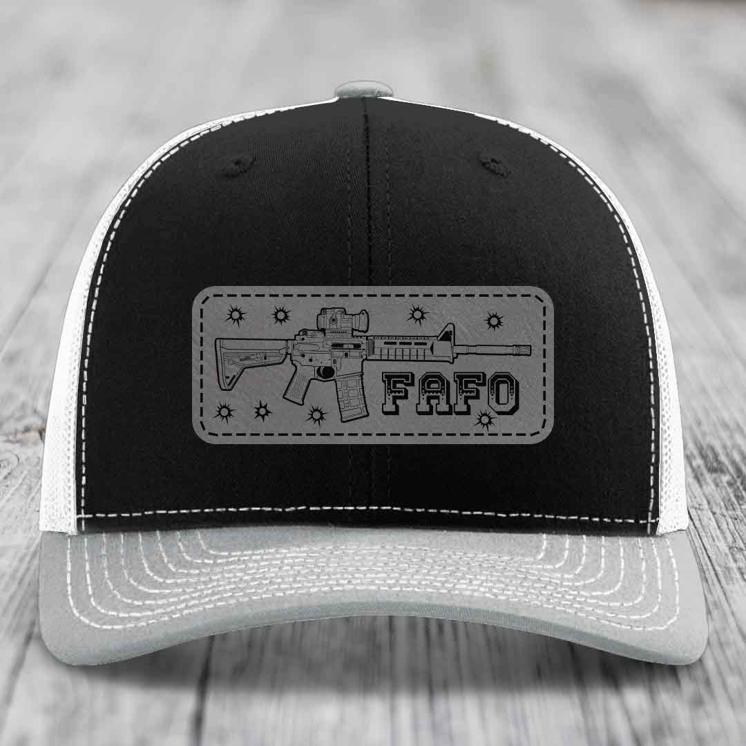 Ar15 Fafo - Leather Patch Hat - Grey to Black Patch - Richardson 112 Snapback Trucker Hat