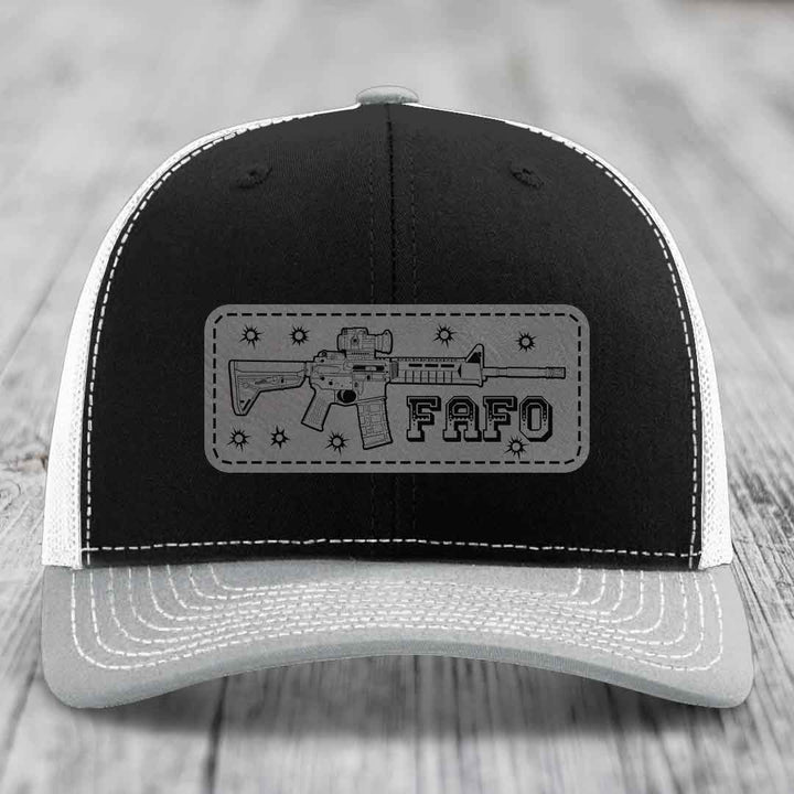 Ar15 Fafo - Leather Patch Hat - Grey to Black Patch - Richardson 112 Snapback Trucker Hat