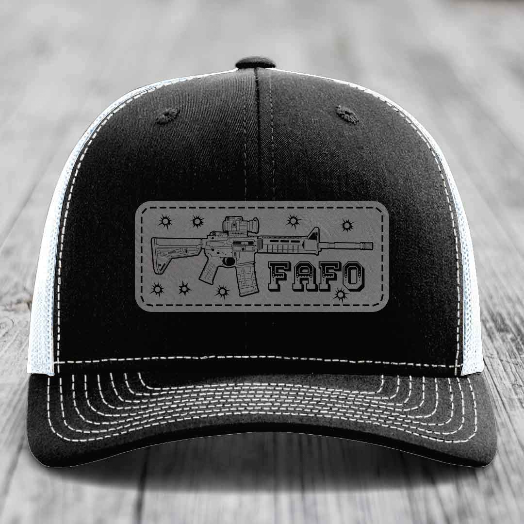Ar15 Fafo - Leather Patch Hat - Grey to Black Patch - Richardson 112 Snapback Trucker Hat