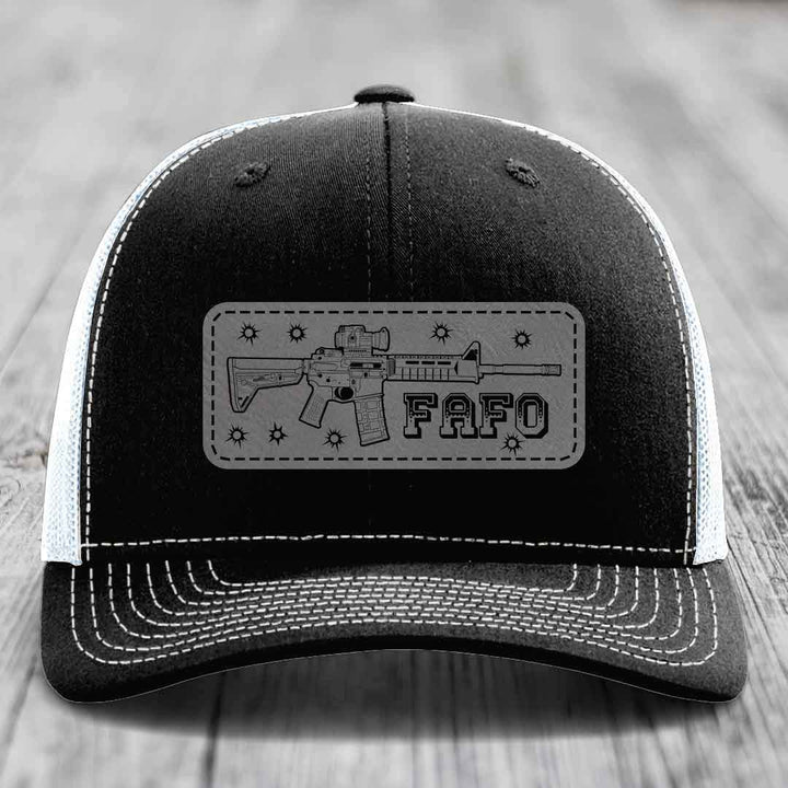 Ar15 Fafo - Leather Patch Hat - Grey to Black Patch - Richardson 112 Snapback Trucker Hat