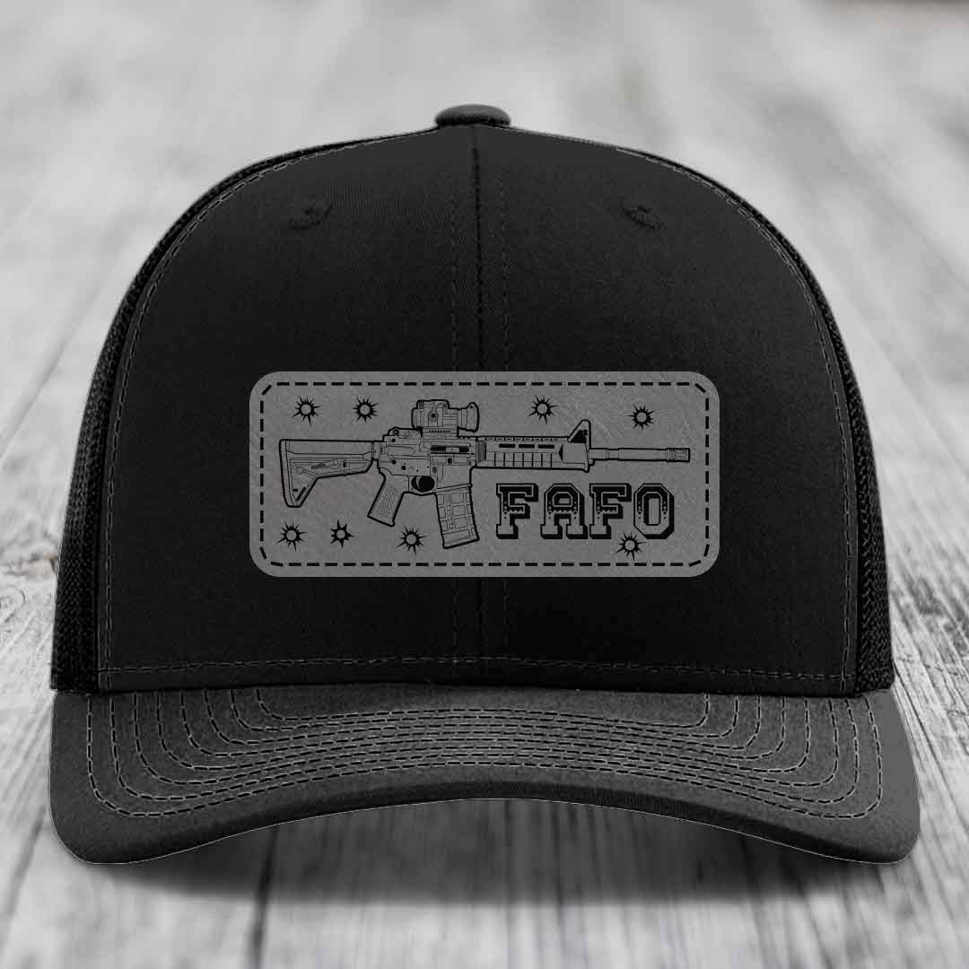 Ar15 Fafo - Leather Patch Hat - Grey to Black Patch - Richardson 112 Snapback Trucker Hat