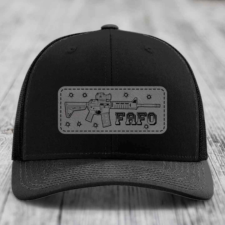 Ar15 Fafo - Leather Patch Hat - Grey to Black Patch - Richardson 112 Snapback Trucker Hat