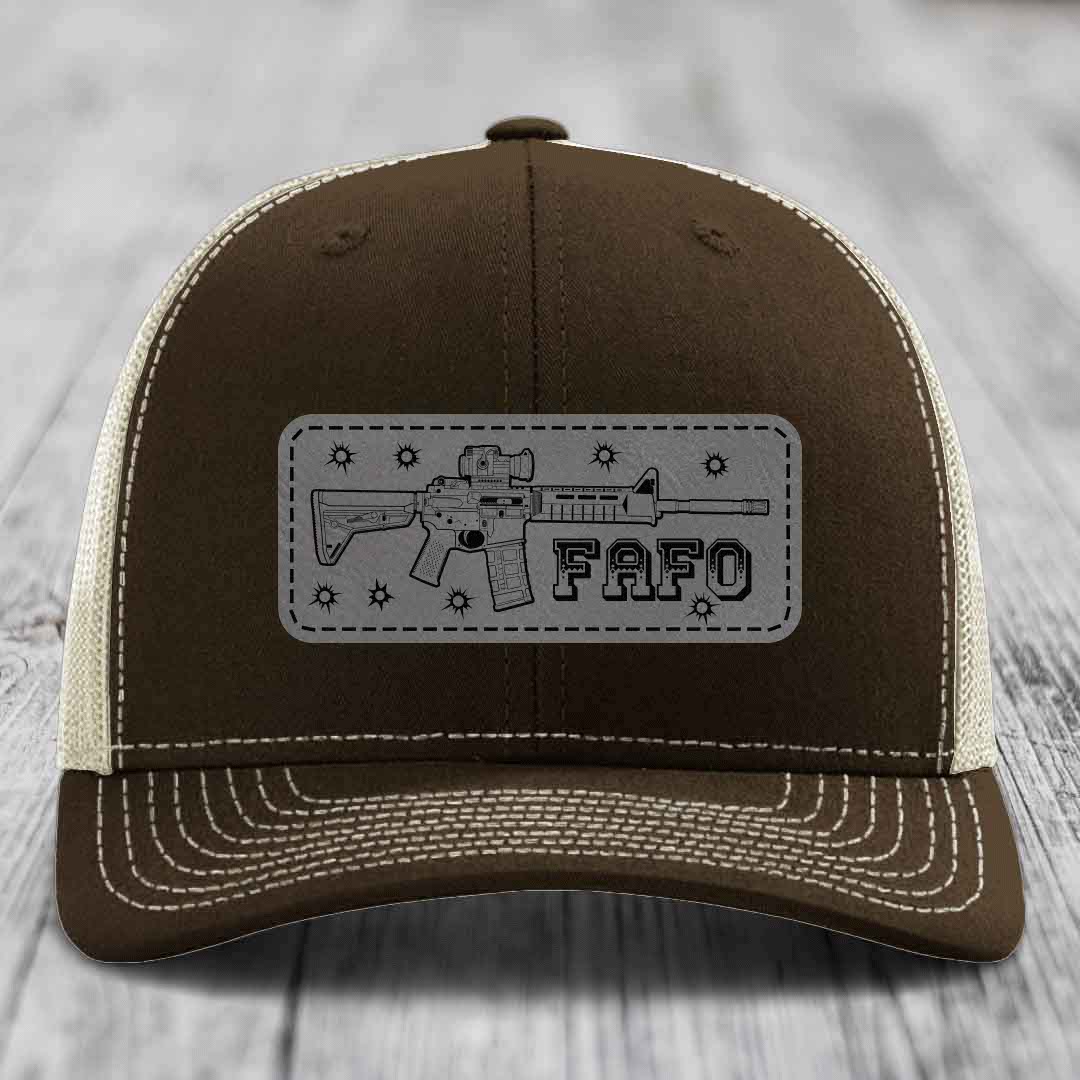 Ar15 Fafo - Leather Patch Hat - Grey to Black Patch - Richardson 112 Snapback Trucker Hat
